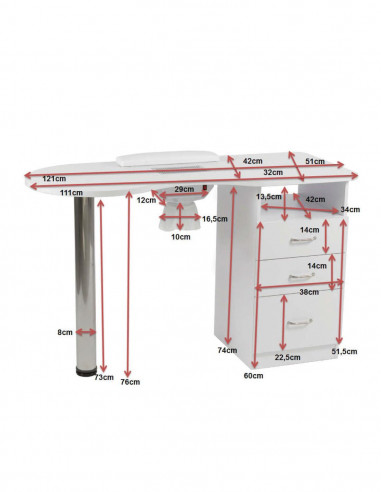 Mesa de manicura Digit con cajones Weelko Medidas