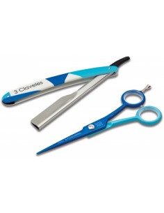 Set tijera cool corte 5,5'' HRc54 + navaja 3 Claveles azul