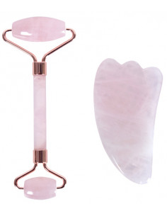 Pack rodillo masajeador facial y Gua Sha de cuarzo rosa, de Zen Arome